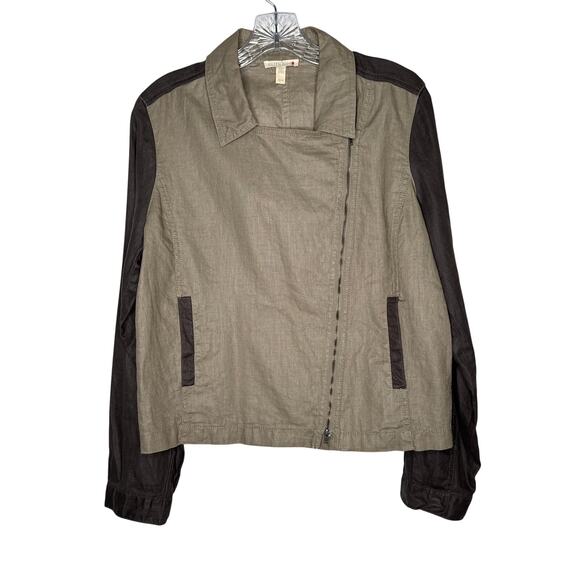 Green Eileen Fisher Organic Linen Moto Jacket Two-Tone Brown Medium - Picture 5 of 13